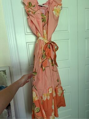 Floral Coral Pink Wrap Maxi Dress with Tie Waist